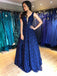 A-Line V-Neck Beading Dark Blue Lace Backless Long Prom Dress