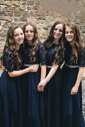 Half Sleeves Black Bridesmaid Dresses Lace Bodice Waist Beaded