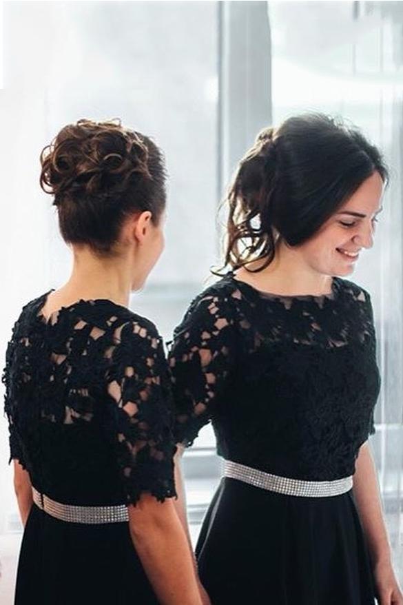 Half Sleeves Black Bridesmaid Dresses Lace Bodice Waist Beaded DTB52 DressTok
