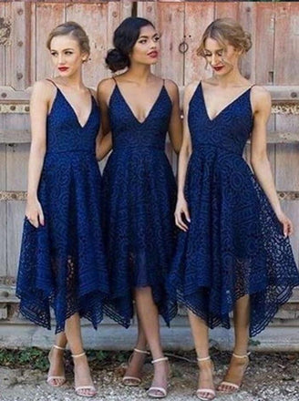 Dark Blue Spaghetti Straps V-neck Asymmetrical Lace Bridesmaid Dress