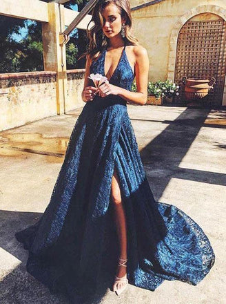 v-neck backless evening dress dark blue lace long prom dress dtp66