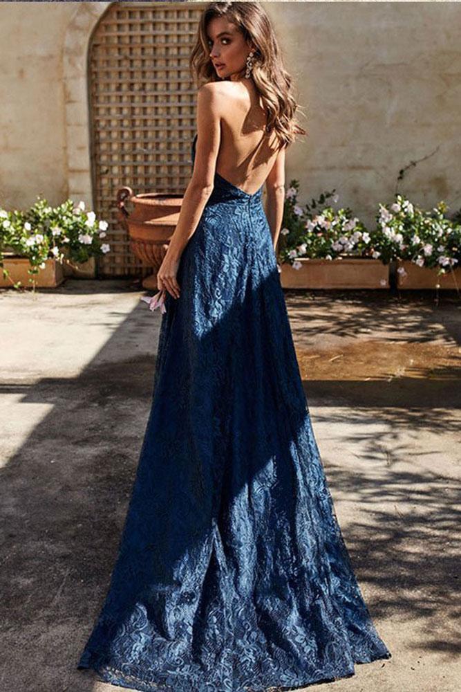 Dark Blue Lace Long Prom Dress, V-neck Backless Evening Dress
