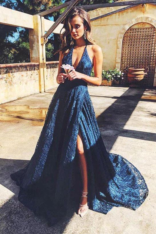 V-neck Backless Evening Dress Dark Blue Lace Long Prom Dress DTP66 DressTok.co.uk V-neck Backless Evening Dress Dark Blue Lace Long Prom Dress DTP66 DressTok.co.uk