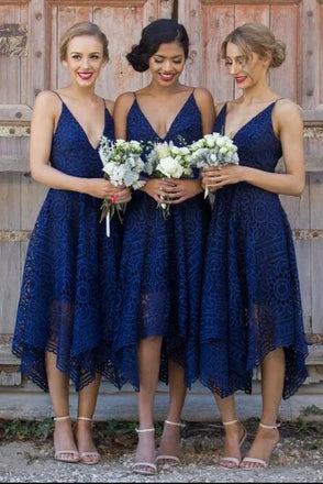 dark blue spaghetti straps v-neck asymmetrical lace bridesmaid dress dtb08