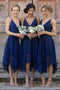 Dark Blue Spaghetti Straps V-neck Asymmetrical Lace Bridesmaid Dress