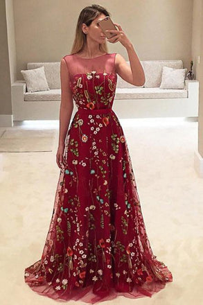 Dark Red A-Line Bateau Tulle Long Prom Dress with Floral Embroidery