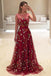 Dark Red A-Line Bateau Tulle Long Prom Dress with Floral Embroidery