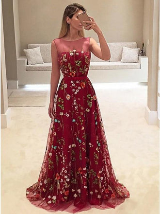 dark red a-line bateau tulle long prom dress with floral embroidery dtp420