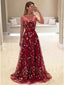 Dark Red A-Line Bateau Tulle Long Prom Dress with Floral Embroidery