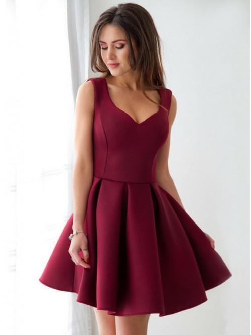 Burgundy Homecoming Dress A Line V neck Pleated Satin Short Prom