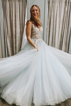 floral appliques long prom dresses v-neck graduation gown dtp15