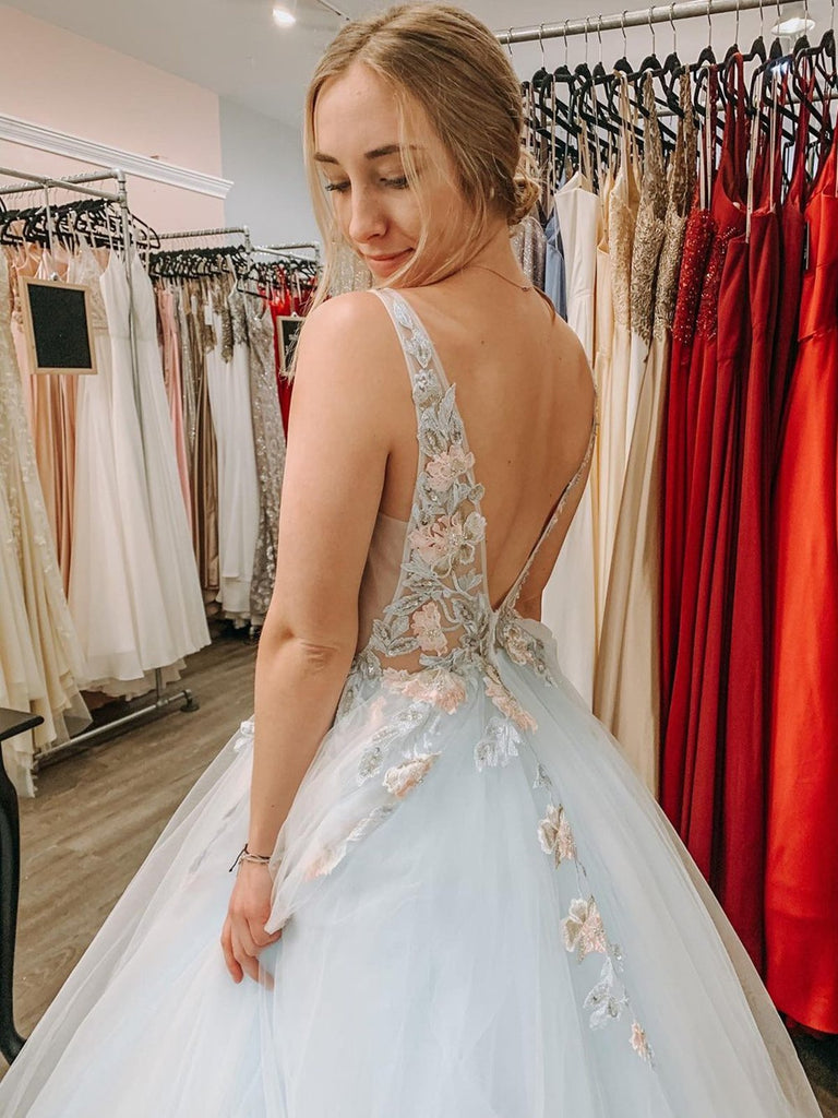 Floral Appliques Long Prom Dresses V-neck Graduation Gown