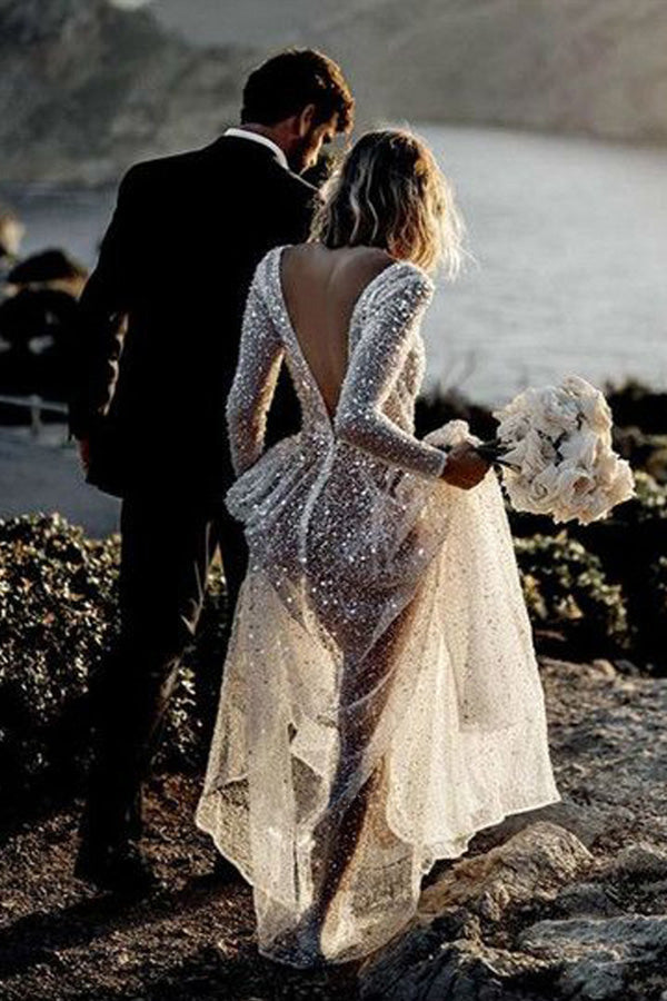 Gorgeous A Line  Deep V Neck See Through Long Sleeves Beach Wedding Dresses