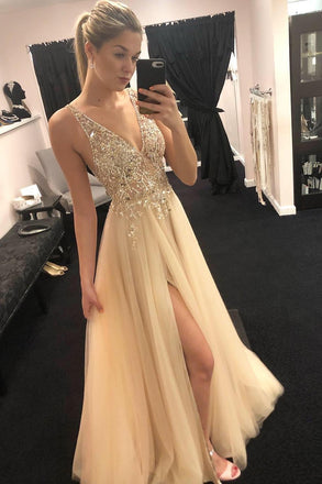 deep v-neck beading tulle sleeveless long prom dress with split dtp374