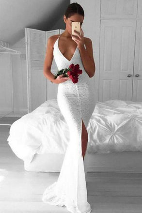 mermaid lace prom dress backless evening dress with slit dtp106