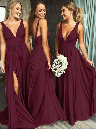 Deep V-neck Long Backless Long Burgundy Bridesmaid Dresses with Split