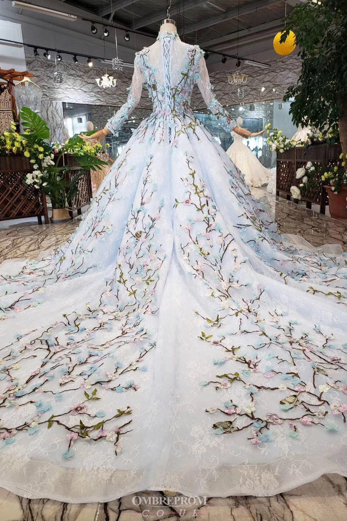 Cinderella Lace Long Sleeves Wedding Dress with Embroidery Appliques