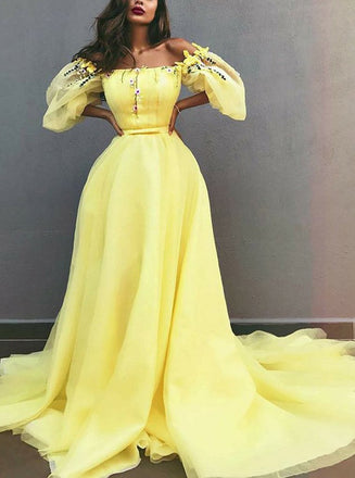 disney princess yellow off shoulder chiffon puff sleeves prom dresses dtp458