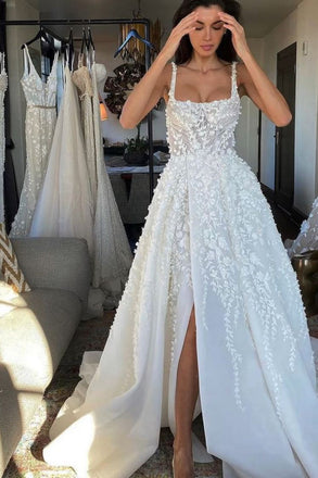 Dream Square Neck Split Lace Appliques Wedding Dresses, Backless Bridal Gown