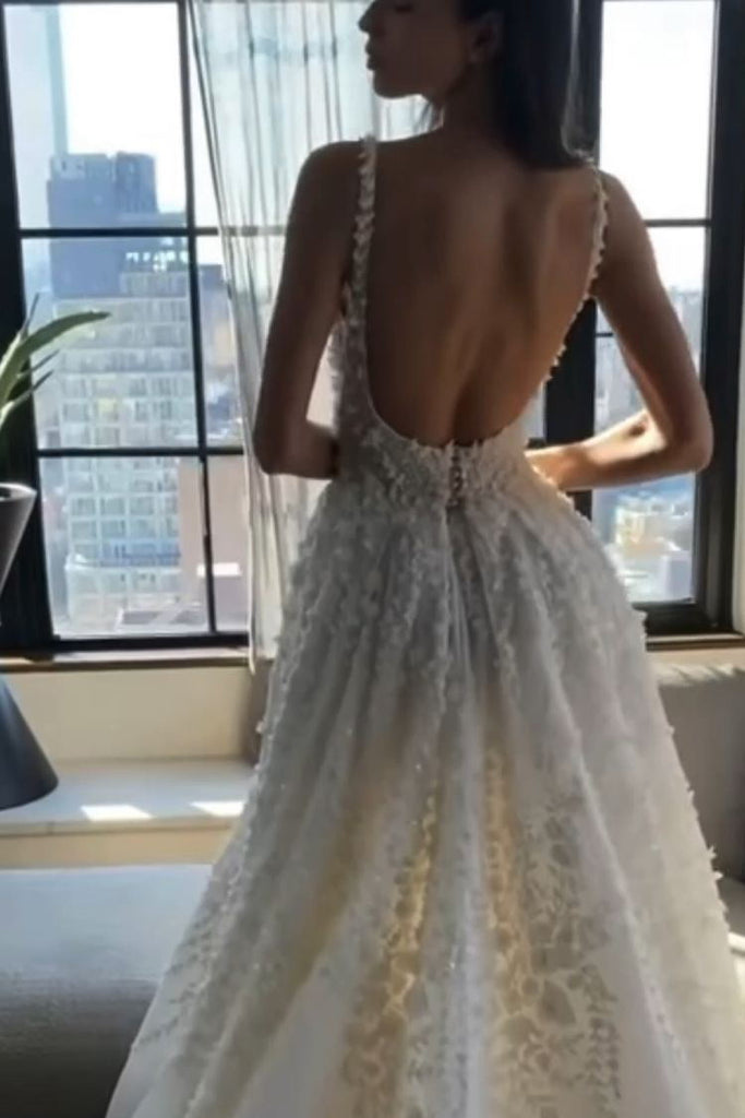 Dream Square Neck Split Lace Appliques Wedding Dresses, Backless Bridal Gown