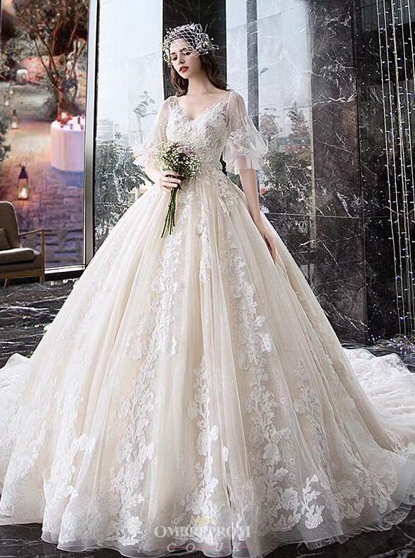 half puff sleeves ball gown wedding dress with appliques dtw68