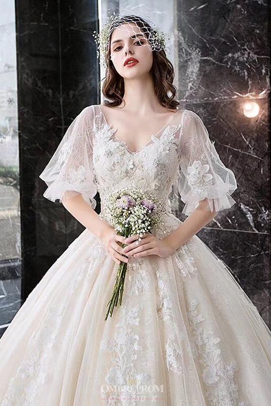 Princess Half Puff Sleeves Ball Gown Vintage Wedding Dress With Appliques