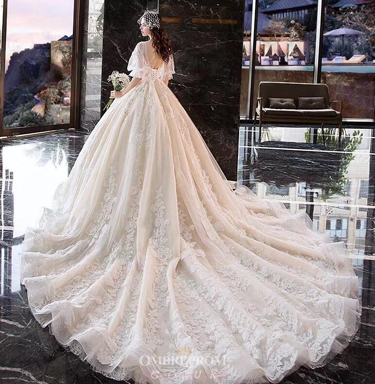 Princess Half Puff Sleeves Ball Gown Vintage Wedding Dress With Appliques