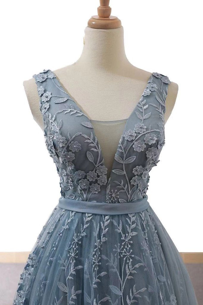 Dusty Blue Tulle Long Prom Dress With Appliques Formal Gown