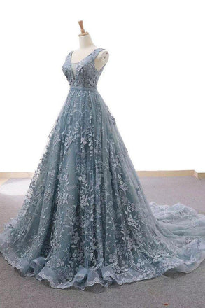 Dusty Blue Tulle Long Prom Dress With Appliques Formal Gown