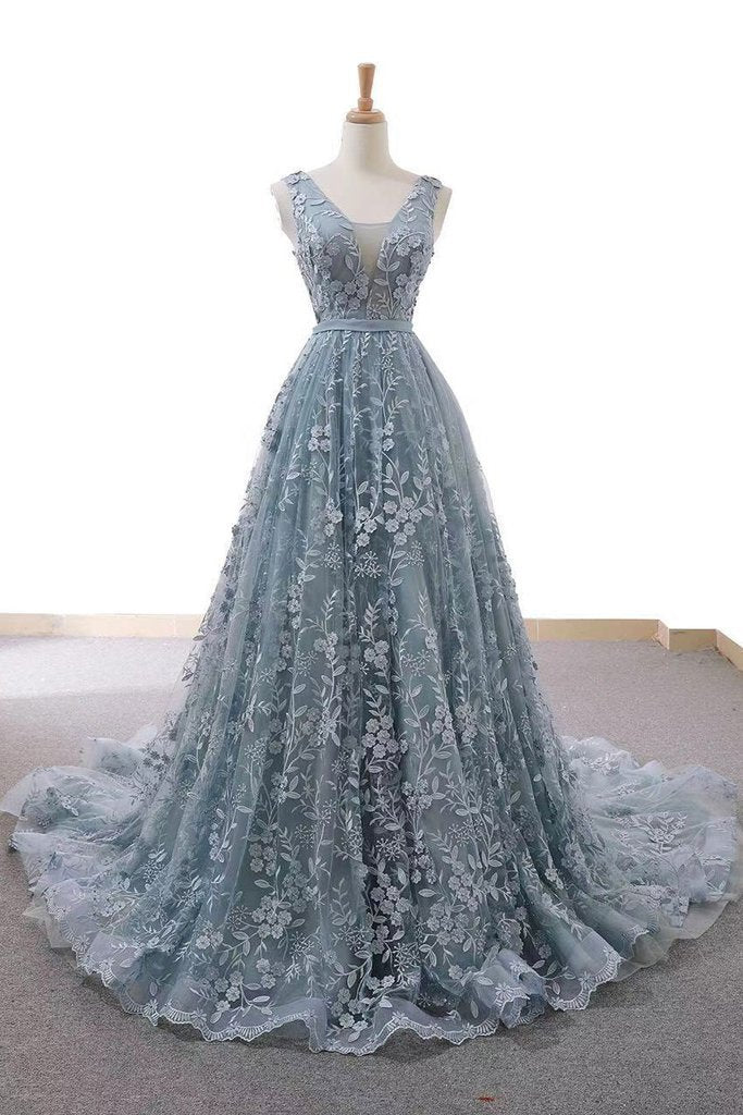 dusty blue tulle long prom dress with appliques formal gown dtp60