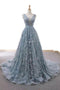 Dusty Blue Tulle Long Prom Dress With Appliques Formal Gown