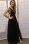 Glitter Black Long Prom Dress Tulle V-neck Sequin With Split
