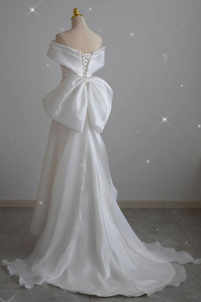 Elegant Off Shoulder Sheath Wedding Dress, Bridal Gown With Simple Bowknot