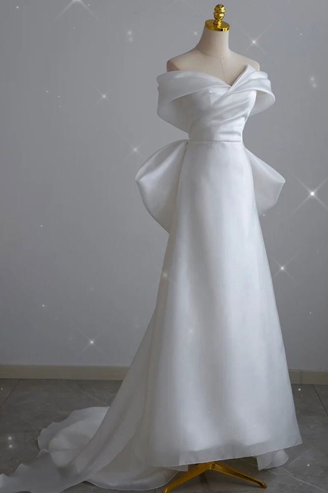 Elegant Off Shoulder Sheath Wedding Dress, Bridal Gown With Simple Bowknot