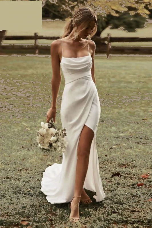 Elegant Spaghetti Straps Sheath Beach Wedding Dress Simple Slit Bridal Gown