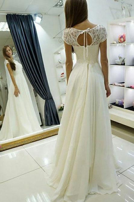 Elegant A Line Bateau Cap Sleeves Lace Chiffon Wedding Dress