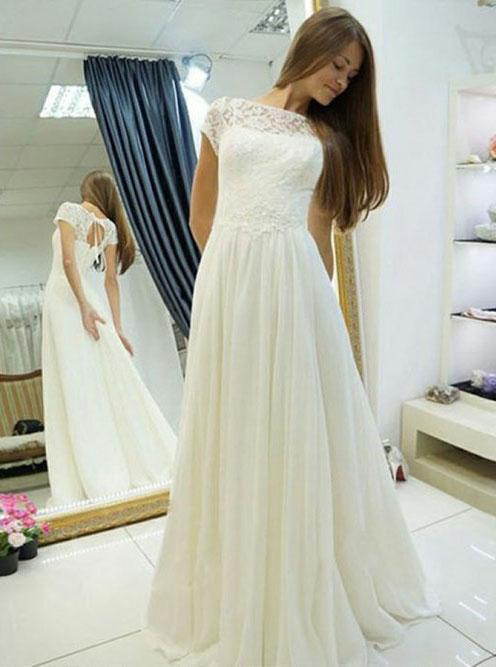elegant a-line bateau cap sleeves lace chiffon wedding dress dtw157