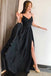 spaghetti-straps evening gown with split elegant a-line long black prom dress dtp400