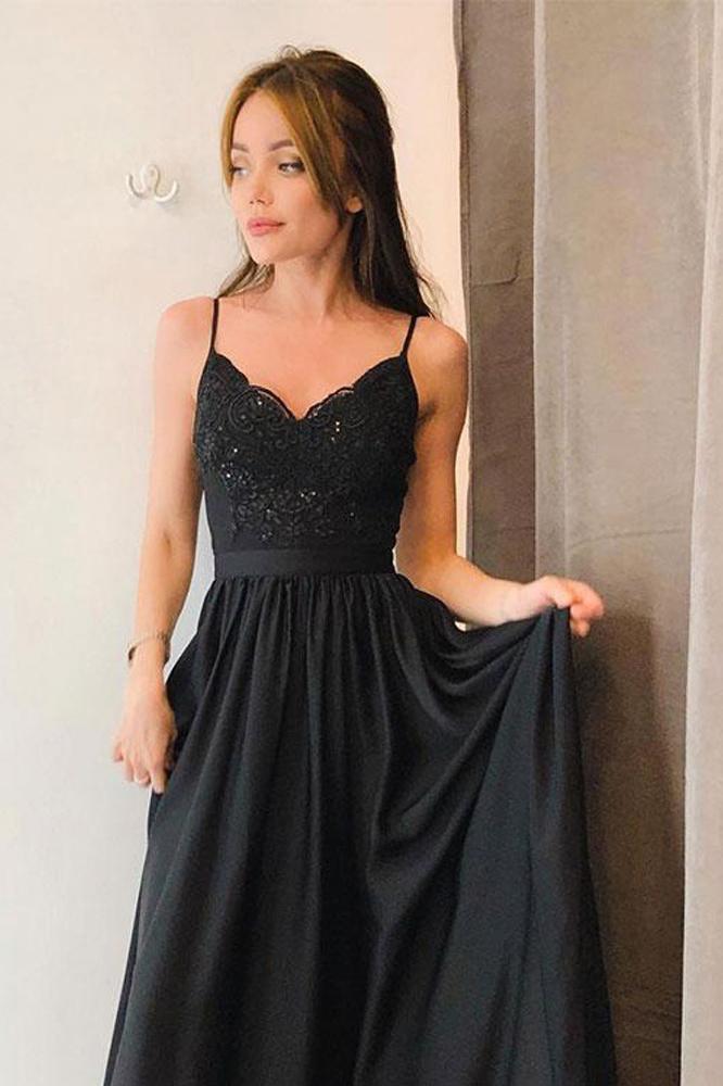 Elegant A-line Long Black Prom Dress, Spaghetti-straps Evening Gown with Split
