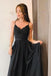 Elegant A-line Long Black Prom Dress, Spaghetti-straps Evening Gown with Split