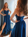 Elegant A-line Spaghetti-straps Satin Long Royal Blue Prom Dress with Split
