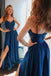 elegant a-line spaghetti-straps satin long royal blue prom dress with split dtp401