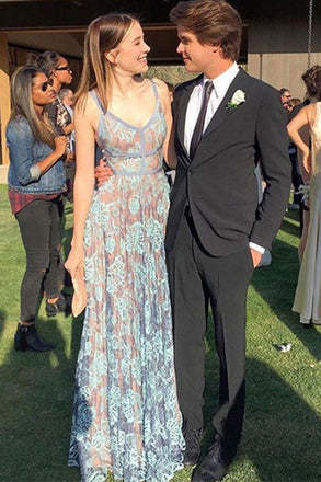 Elegant Blue Lace Prom Dresses Spaghetti-straps Backless Party Dress