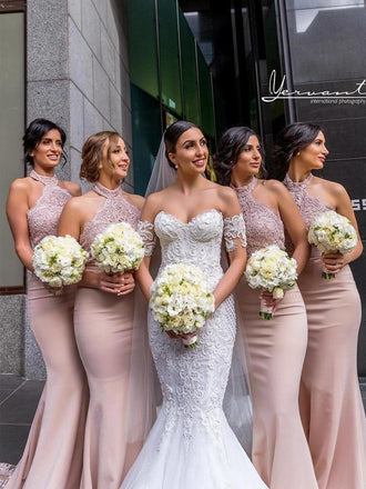 elegant blush high neck lace satin mermaid bridesmaid dresses dtb61