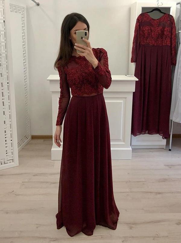 elegant burgundy long sleeves chiffon long prom dresses dtp492