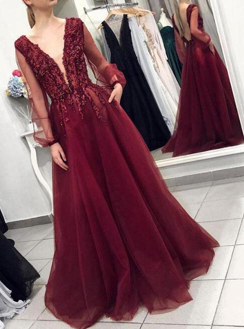 elegant deep v-neck burgundy backless prom dress with long puff sleeves dtp363