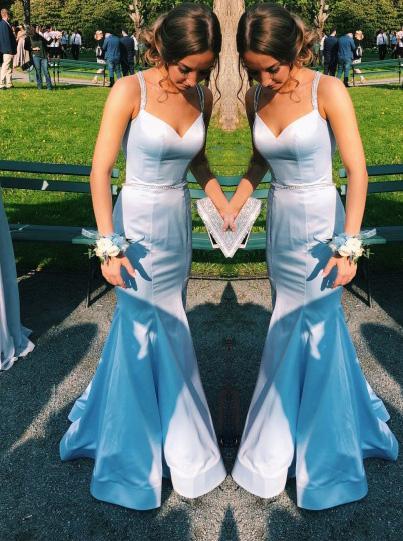 Elegant Light Blue Mermaid Backless Prom Dress With Beading DTP435
