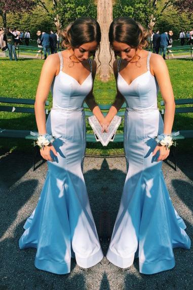 Elegant Light Blue Mermaid Backless Prom Dress With Beading
