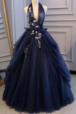 elegant navy blue long prom dress halter floral appliques backless ball gown dtp615