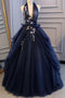 Elegant Navy Blue Long Prom Dress Halter Floral Appliques Backless Ball Gown